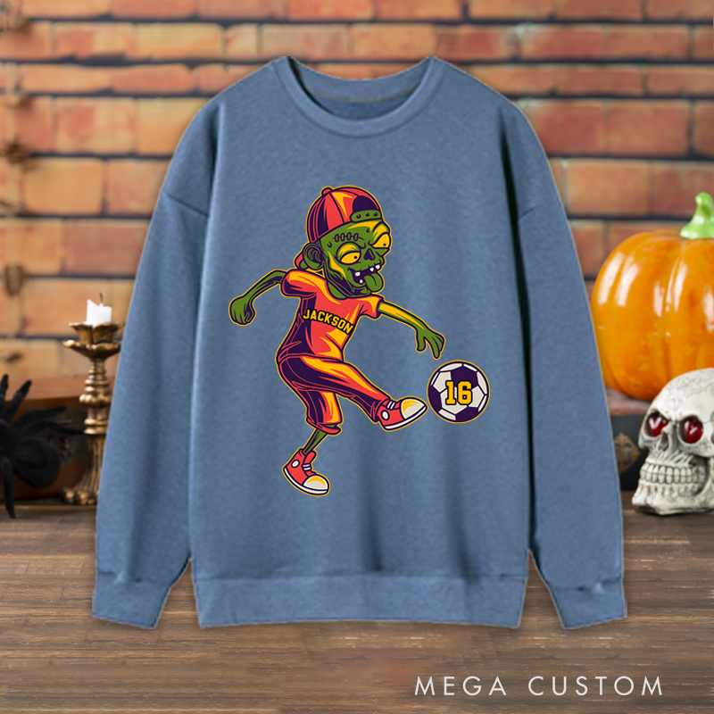 Personalized Halloween Sweatshirt with Zombie Soccer Player Design, Custom Name, and Number
