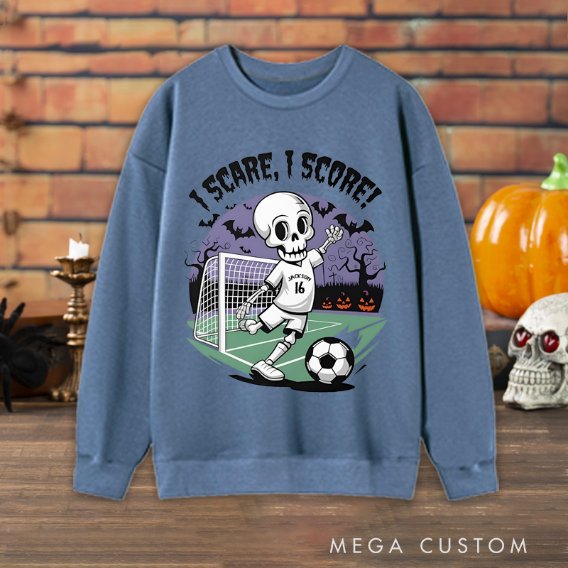 Personalized Halloween Soccer Sweatshirt with Skeleton Player Design, Custom Name, and Number