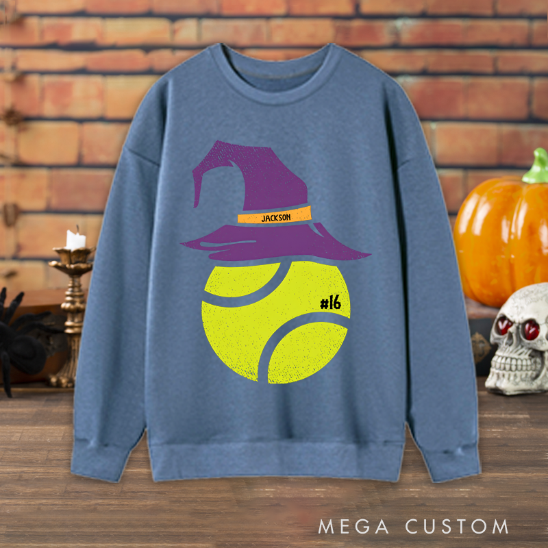 Personalized Halloween Tennis Sweatshirt with Witch Hat Design, Custom Name, and Number