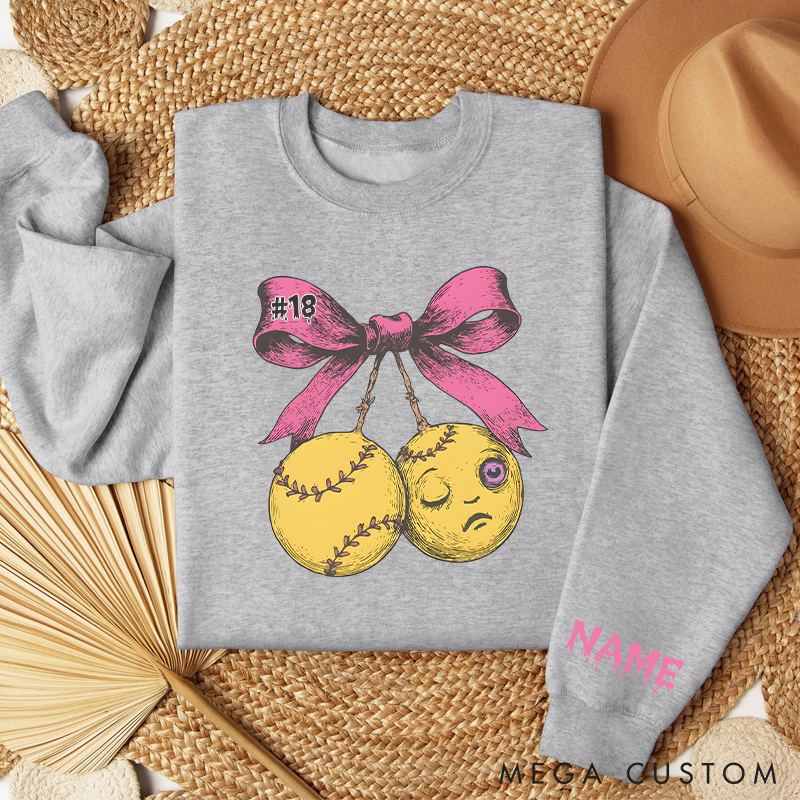 Personalized Halloween Softball Sweatshirt  with Custom Name and Pink Bow Design