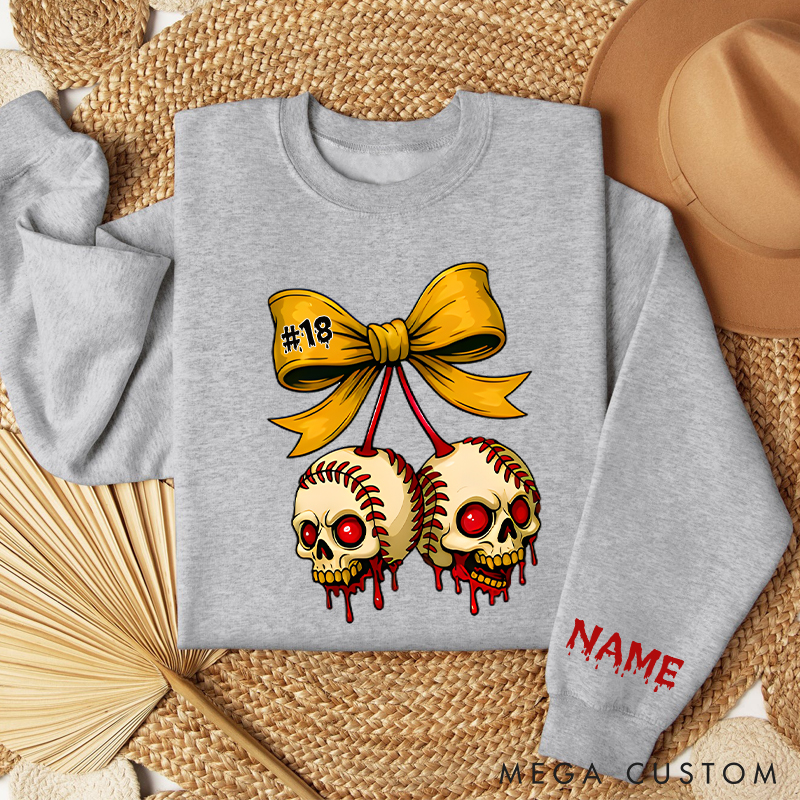Personalized Halloween Themed Sweatshirt with Skull Baseballs and Custom Number