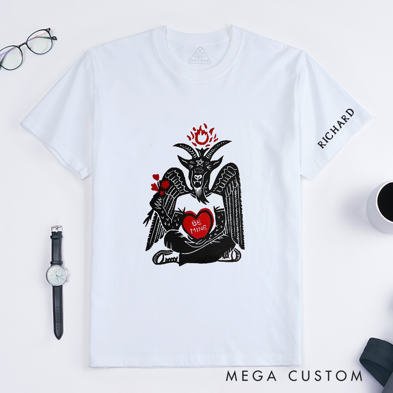 Personalized Baphomet Valentines Day T-Shirt Unisex Unique Gothic Goat Heart Be Mine Gift Custom Name Occult Aesthetic Classic Tee 