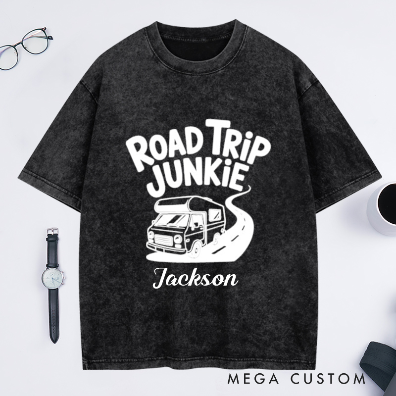 Personalized Road Trip Junkie Washed T-Shirt for Traveling Lovers Traveler Gifts Road Trip Tee
