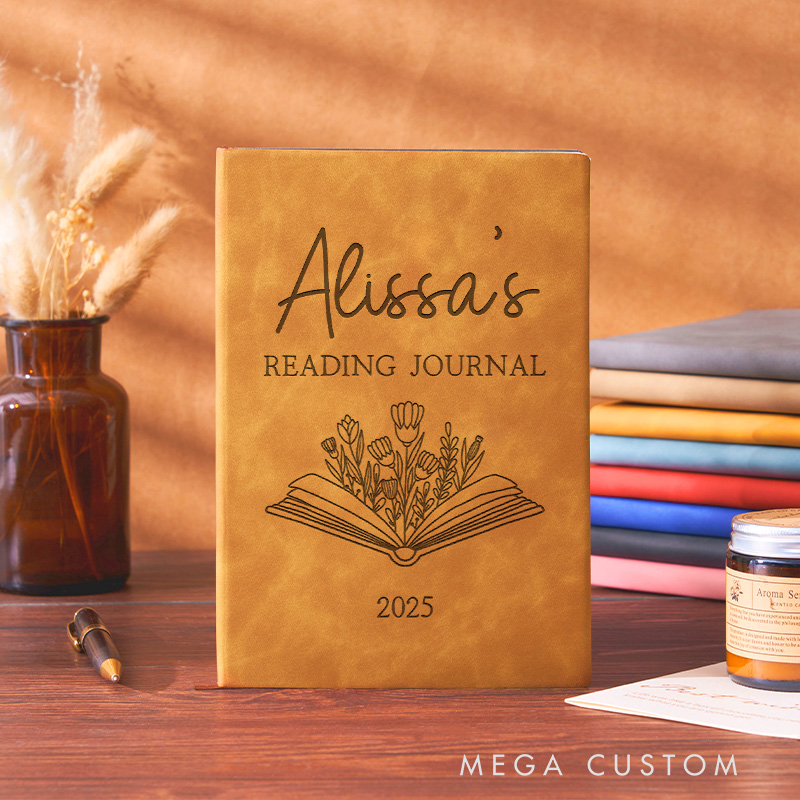 Personalized Reading Journals Engraved Leather A5 Notebook with Name Book Flower Journal for Librarian Gift Book Lover Gift Bookish Gift