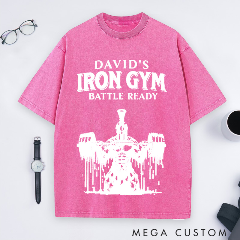 Personalized Gym Washed T-Shirts with Classic Soldier with Barbell Design for Fitness Enthusiasts Bodybuilders and Gym Lovers