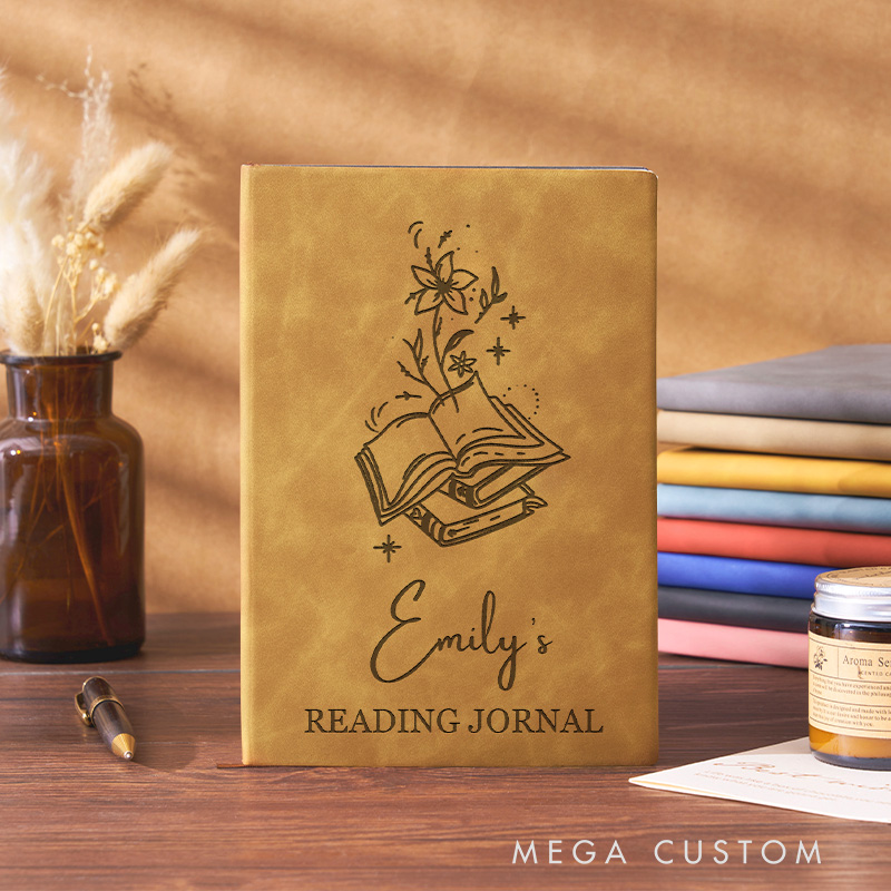 Personalized Leather Reading Journal Engraved Book Flower Reading Notebooks Bookish Journals for Librarian Gift Book Lover Gift