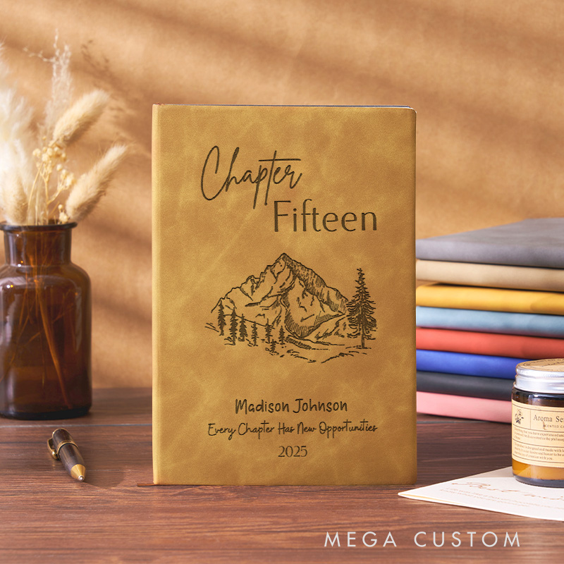 Personalized Leather Chapter Fifteen Journal Engraved Mountain Reading Notebooks Bookish Journal for Librarian Gift Book Lover Gift 15th Birthday Gift