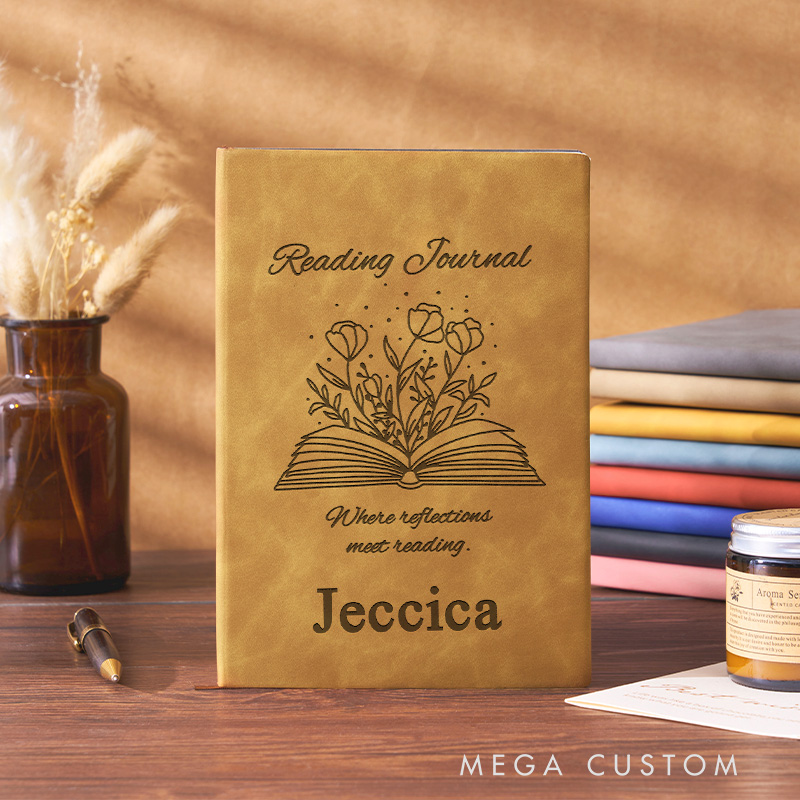 Personalized Leather Reading Journal Engraved Book and Flower Notebook with Name Librarian Journal for Book Lover Gift Bookish Gift