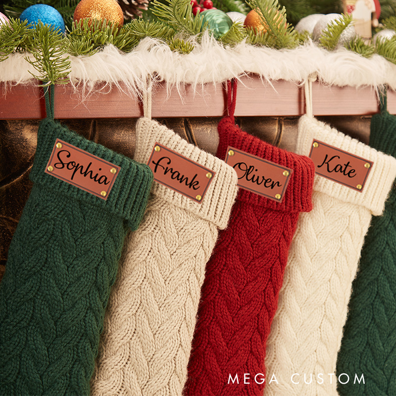 Personalized Family Christmas Stockings 2025 Family Stockings with Name Leather Patch Knitted Stockings Holiday Stockings Christmas Gifts
