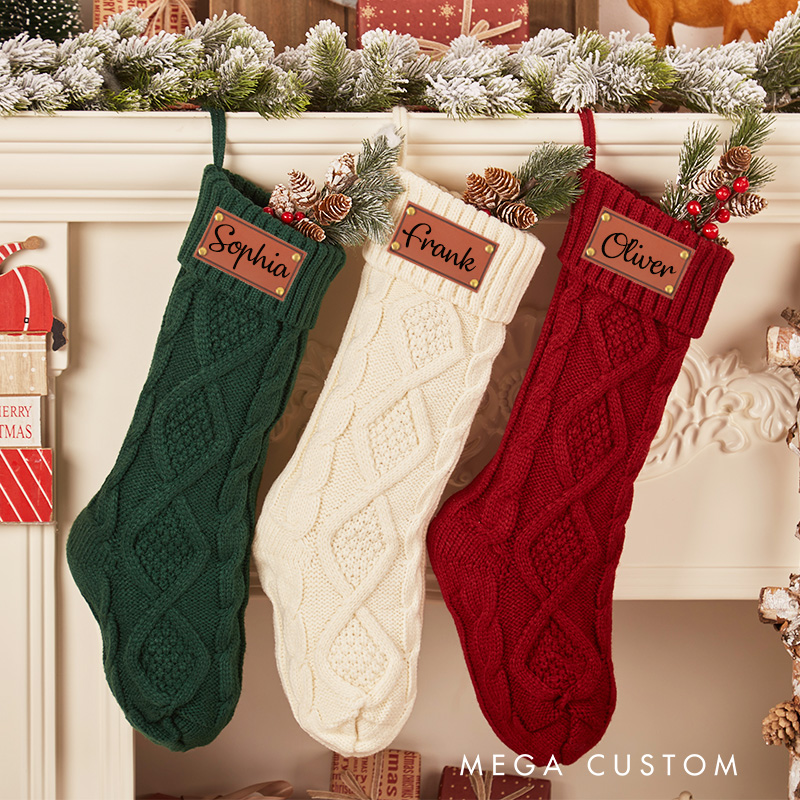 Personalized Family Christmas Stocking 2025 Family Stockings with Name Leather Patch Knitted Stockings Holiday Stockings Christmas Gifts