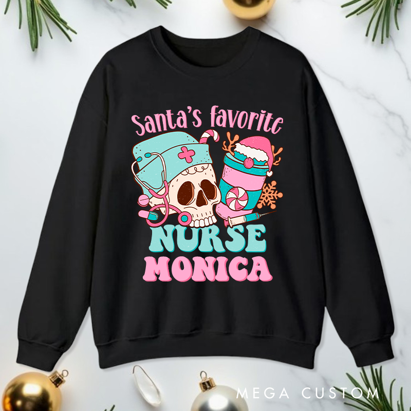 Personalized Nurse Sweatshirt Customized Santa's Favorite Nurse Design Sweatshirt Nurse Christmas Gifts 