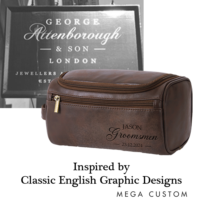 Personalized Classic British Graphic Leather Dopp Kit Art Lover Mens Leather Toiletry Bag Engraved Dopp Bag Gift For Men