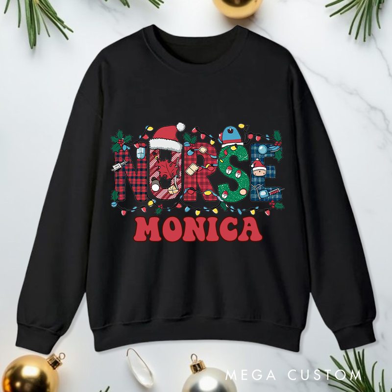 Personalized Nurse Sweatshirt Customized Festive Nurse Christmas Lights Design Sweatshirt Nurse Christmas Gifts 