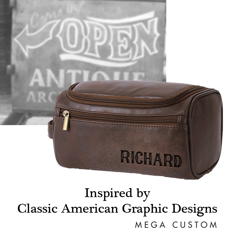 Personalized Classic American Graphic Leather Dopp Kit Art Lover Mens Leather Toiletry Bag Engraved Dopp Bag Gift For Men