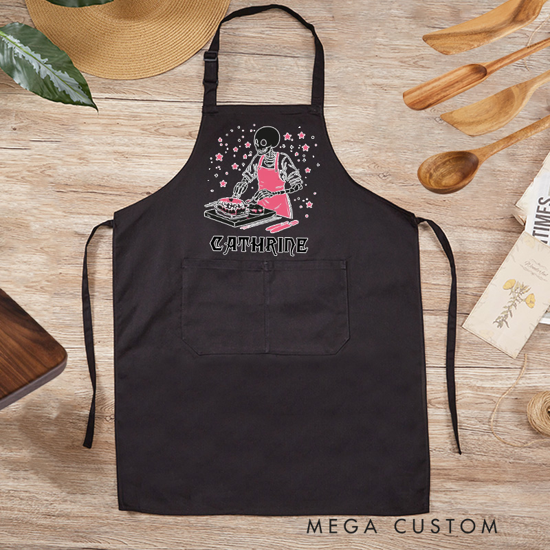 Personalized Skeleton Baking Aprons Pastel Creepy Baker Apron Halloween Spooky Skeleton Apron with Pocket for Baking Lover Gift