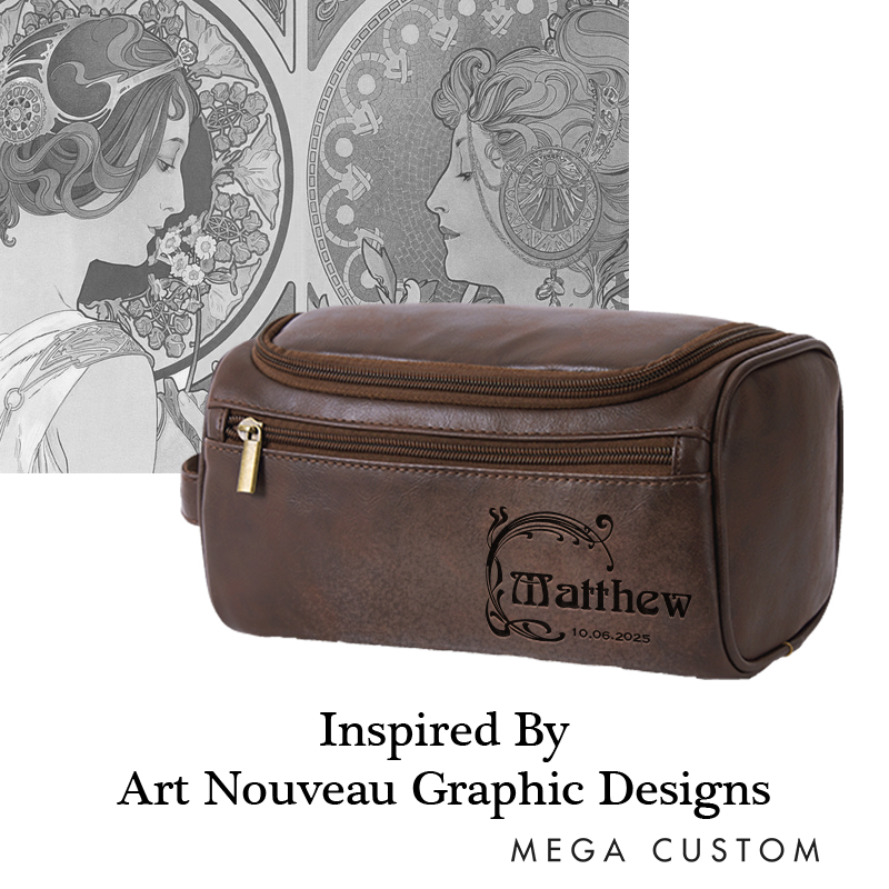 Personalized Art Nouveau Graphic Leather Dopp Kit Art Lover Mens Leather Toiletry Bag Engraved Dopp Bag Gift For Men