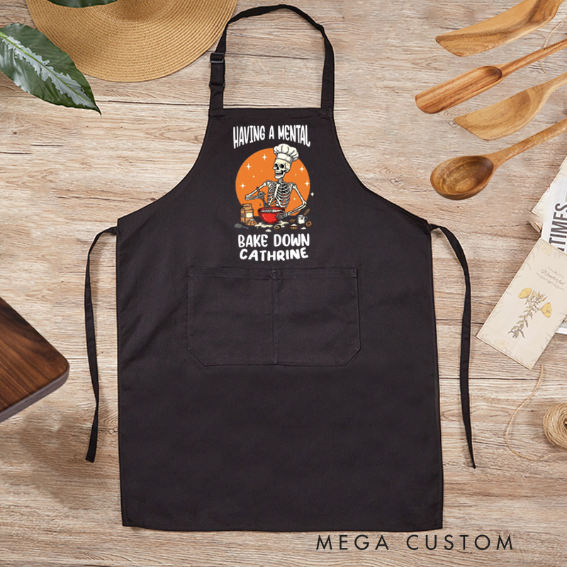 Personalized Having a Mental Bake Down Halloween Skeleton Apron with Pocket Kitchen Gift For Bakers with Name Baking Lover Gift