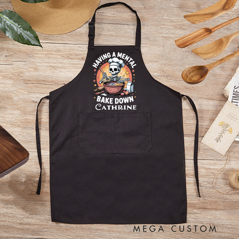 Personalized Having a Mental Bake Down Skeleton Apron Halloween Skeleton Baker with Pocket Kitchen Gift For Bakers Baking Lover Gift