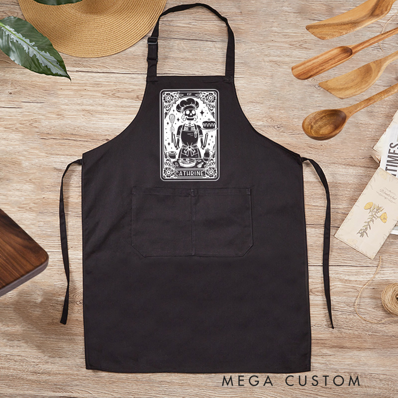 Personalized Skeleton Baker Tarot Apron Halloween Gothic Spooky Baker with Pocket Kitchen Gift For Bakers Baking Lover Gift