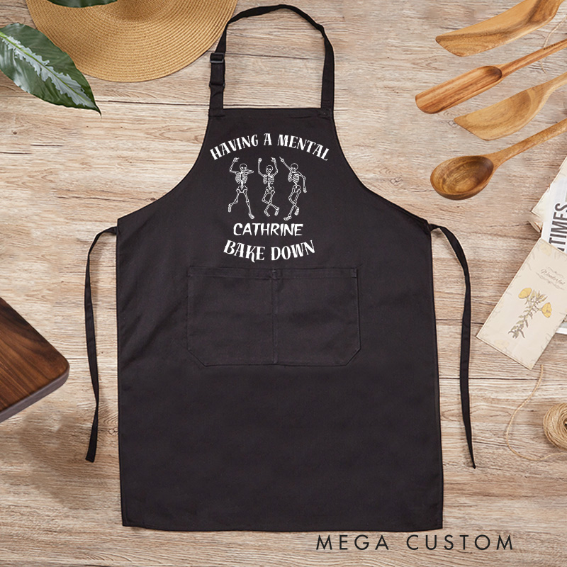 Personalized Mental Bake Down Apron Halloween Skeleton Baker Apron with Name Spooky Baking Apron for Baking Lover Gift