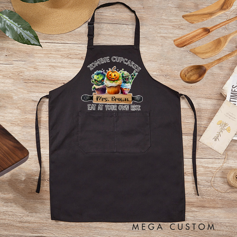 Personalized Welcome to My Kitchen Apron Custom Zombie Cupcakes Baker Apron with Name Halloween Horror Apron with Pocket for Baking Lover Gift