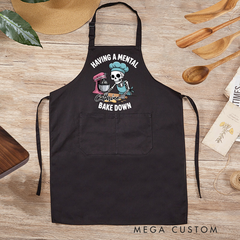 Personalized Having a Mental Bake Down Skeleton Baking Apron Baker Apron with Name Halloween Apron with Pocket for Baking Lover Gift
