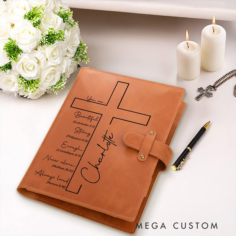 Personalized Cross Bible Verse Portable A5 Leather Notebook Cover with Pocket Birthday Religious Baptism Gift for Family Friends Christians