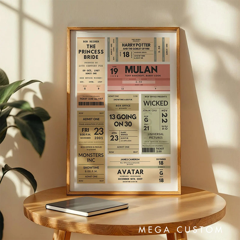 Personalized Square Movie Ticket Poster Without Frame Custom Film Lover Art Gift for film fans Date Night Wall Decor