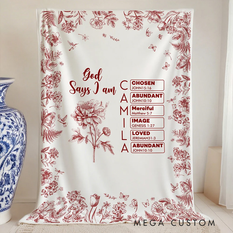 Personalized Toile De Jouy Birth Flower Bible Chapter Name Soft Throw Blanket Baptism Birthday Christmas Gift for Women Christians