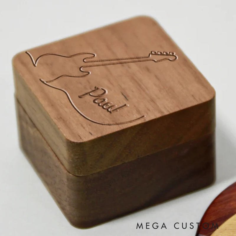 Personalized Wooden Guitar Picks Box Custom Guitar Pick Holder Storage Wood Guitar Plectrum Organizer Case Music Gift for Guitarist Musician