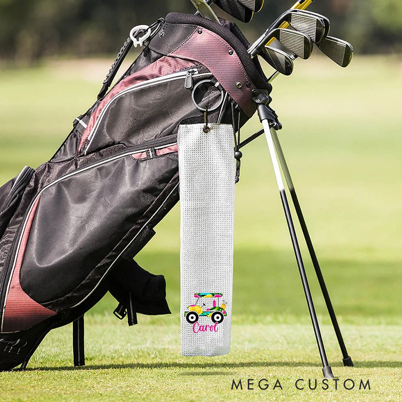 Personalized Golf Towel with Floral Golf Cart and Custom Name Design  