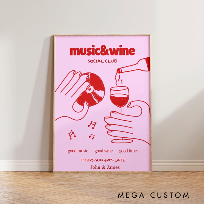 Personalized Music Poster Print Music & Wine Illustration Wall Art Wine Print Without Frame Wall Decor Retro Social Club Poster