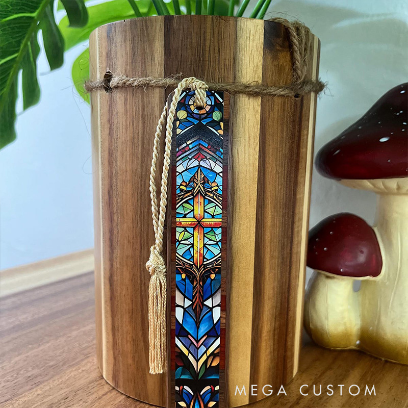 Personalized Gold Cross Stained Glass Design Handcrafted Wooden Bookmark with Tassel and Text Religious Gift for Christians Bookworms