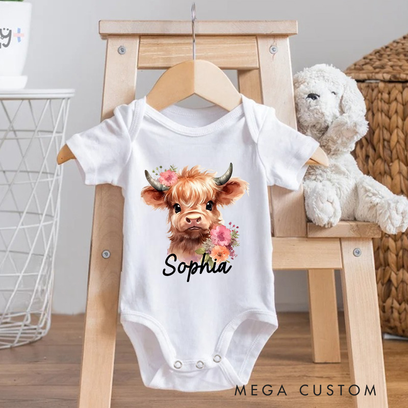 Personalized Flower Highland Cow Baby Onesie with Name Birthday Christmas Gift for Highland Cow Lover