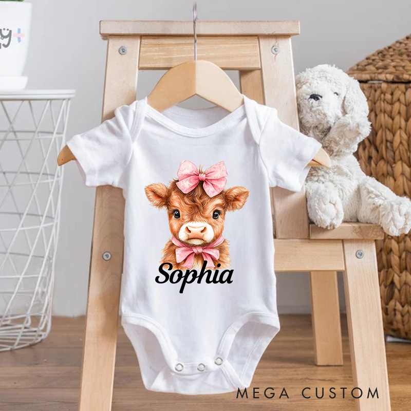 Personalized Flower Highland Cow Baby Onesie with Name Birthday Christmas Gifts for Highland Cow Lover
