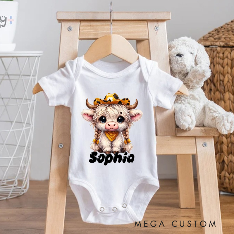 Personalized Flower Highland Cow Baby Onesie with Name Birthday Gifts for Highland Cow Lover