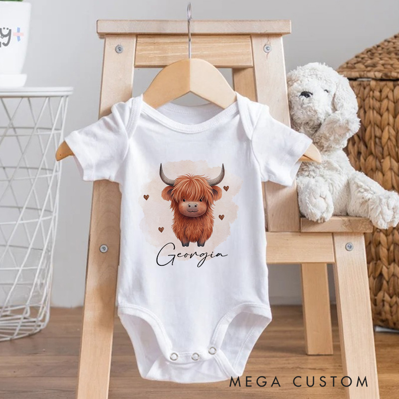 Personalized Highland Cow Baby Onesie with Name Birthday Gift for Highland Cow Lover