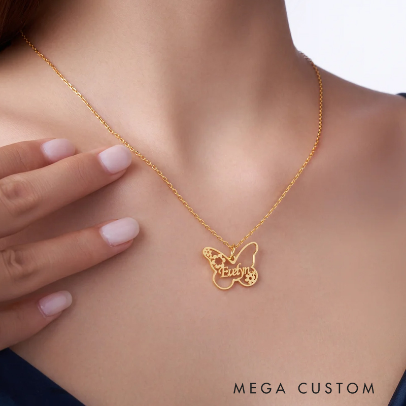 Personalized Butterfly Flower Necklace with Name Minimalist Jewelry Gardening Loves Gift for Mom Grandmother