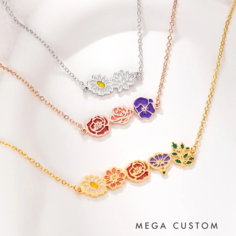 Personalized Dainty 1-8 Colorful Birth Flower Pendant Necklace Family Jewelry Birthday Mother's Day Gardening Loves Gift for Women