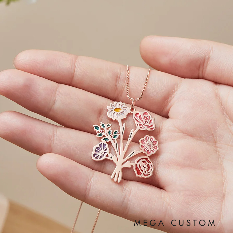 Personalized 1-7 Enamel Birth Flower Family Bouquet Pendant Necklace Birthday Mother's Day Gardening Loves Gift for Mom Grandma
