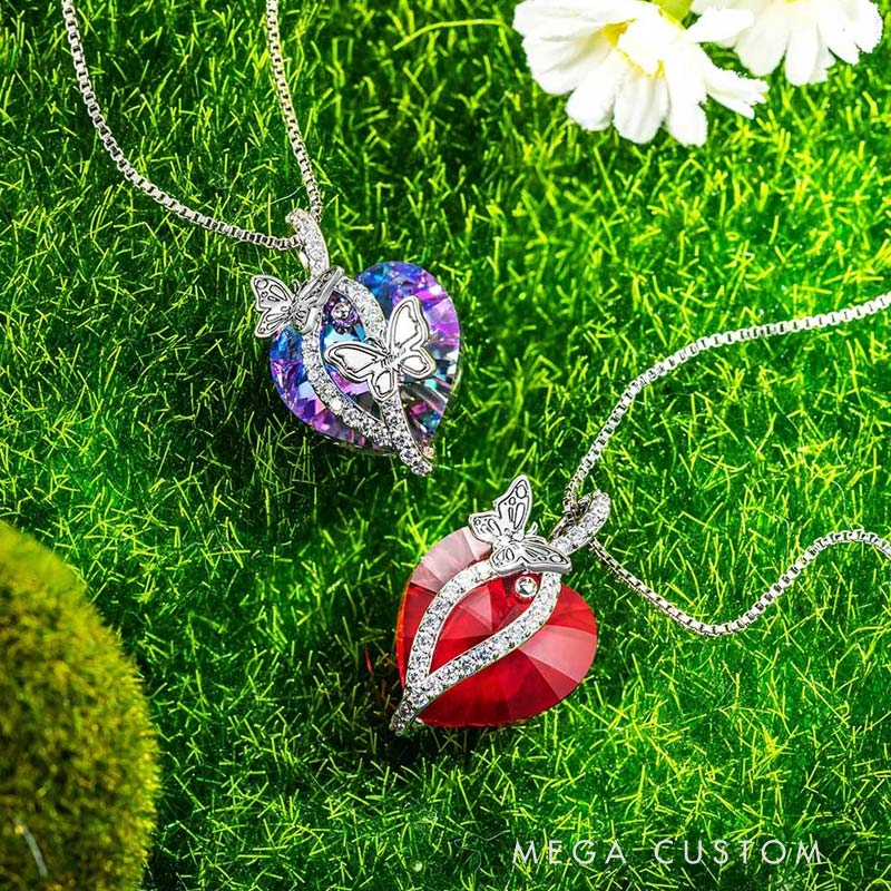 Personalized Birth Month Butterfly Zircon Crystal Heart Pendant Necklace with 1-6 Engraved Name Birthday Mother's Day Gardening Loves Gift for Women