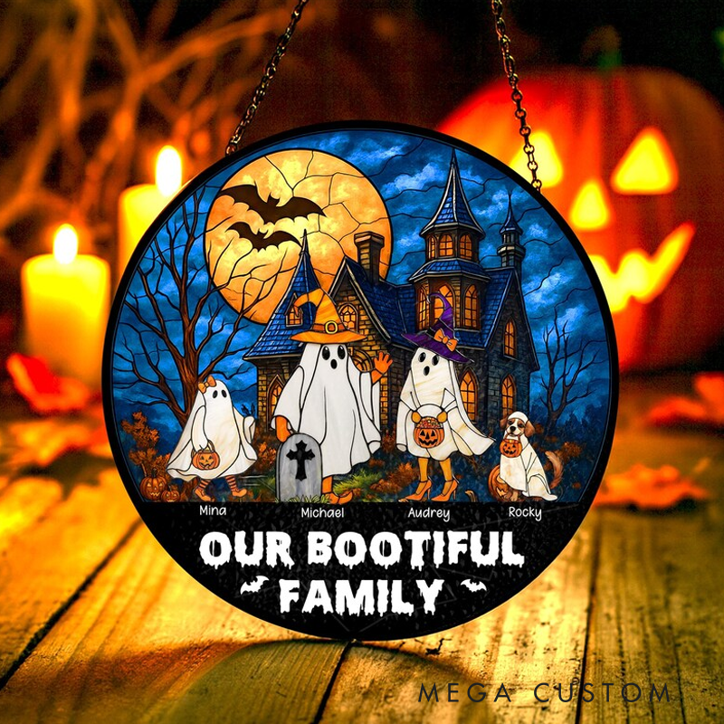Personalized Name Our Bootiful Family Stained Glass Suncatcher Custom Halloween Window Hanging Fall Stained Glass Art Spooky Home Decor