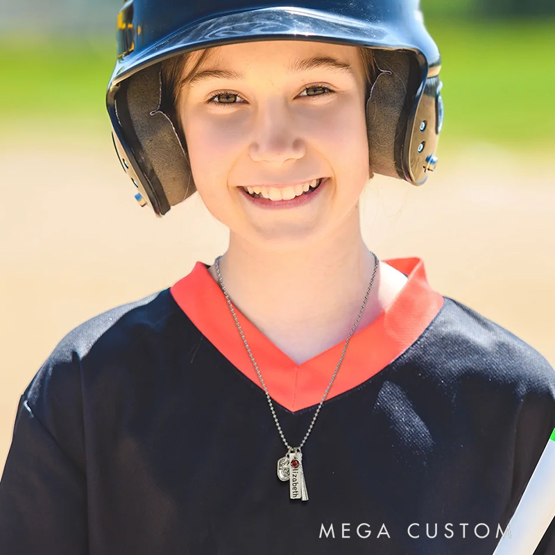 Personalized Birthstone Softball Baseball Bat Glove Necklace with Engraved Name Game Day Team Birthday Gift for Sports Lover
