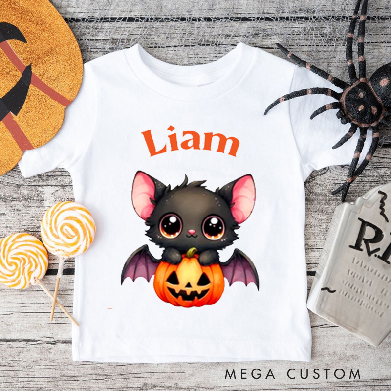 Personalized Cartoon Bat Pumpkin Kids Shirt with Name and Text Halloween Gift for Boys Girls