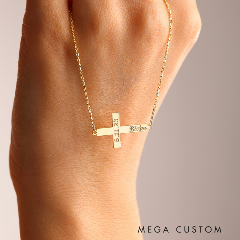 Personalized Cross Necklace with Engraved Name and Date Dainty Jewelry Anniversary Baptism Gift for Christian Women Christian Gifts for Christening