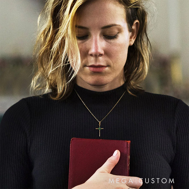 Personalized Minimalism 4 Birthstones Cross Necklace Jesus Jewelry Birthday Christian Baptism Gift for Women