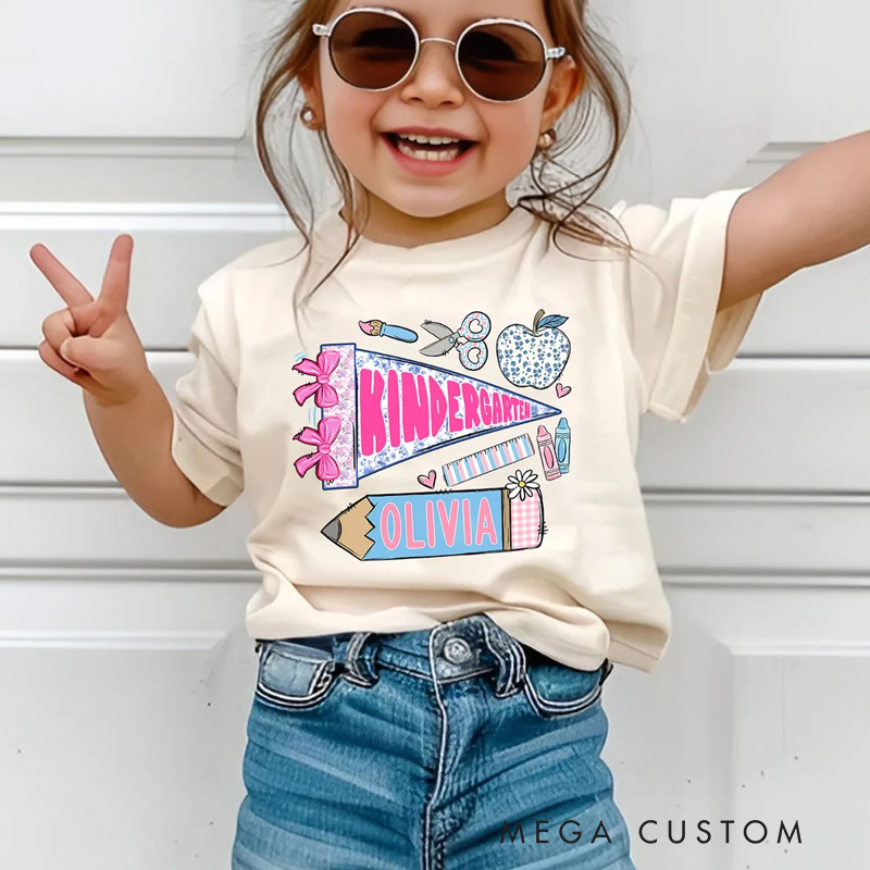 Personalized Pencil Apple Scissors Crayon Pennant Kid T-Shirt with Name and Grade Back to School Birthday Gift for Boys Girls