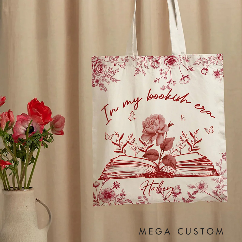 Personalized in My Bookish Era Toile Tote Bag Birth Flower Canvas Bag with Name Birthday Gift for Reading Lover Bookworm Bookish Gift