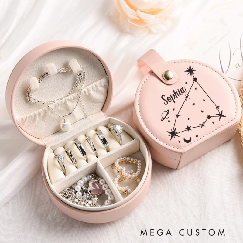Personalized Leather Jewelry Box With Name Zodiac Signs Gifts for Women Jewelry Travel Case Jewelry Organizer Box