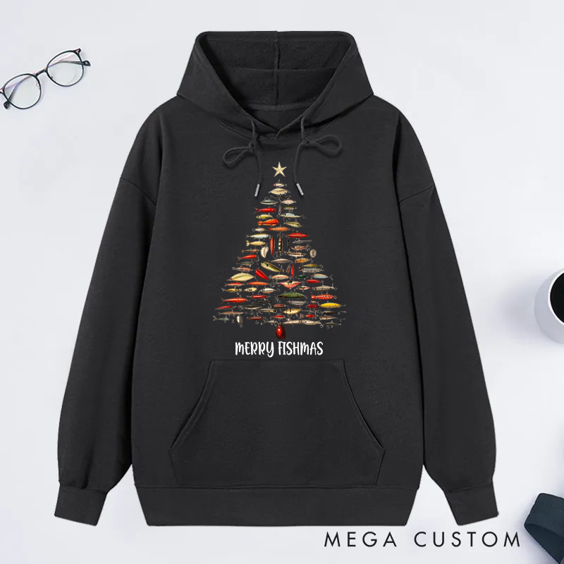 Personalized Fishing Hoodie Classic Hoodie Fishing Lure Christmas Tree Design Perfect Gift for Fishing Lover During the Holiday Season